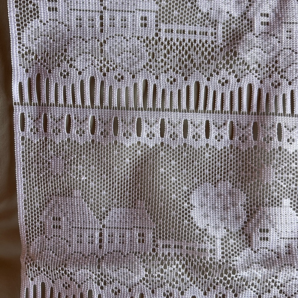 White Lace Curtain, runner, or fabric with Scenic farm house Design